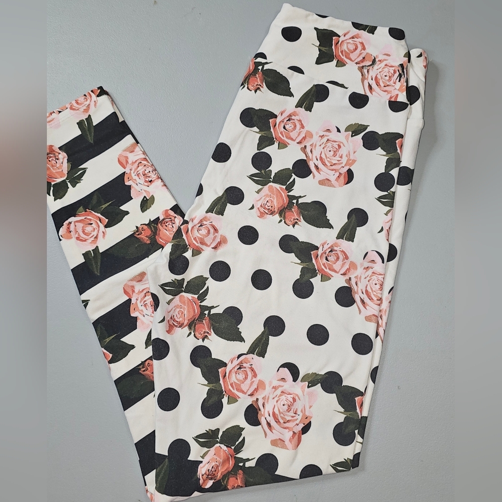 One Size LuLaRoe Women's Leggings OS Roses Dots Stripes